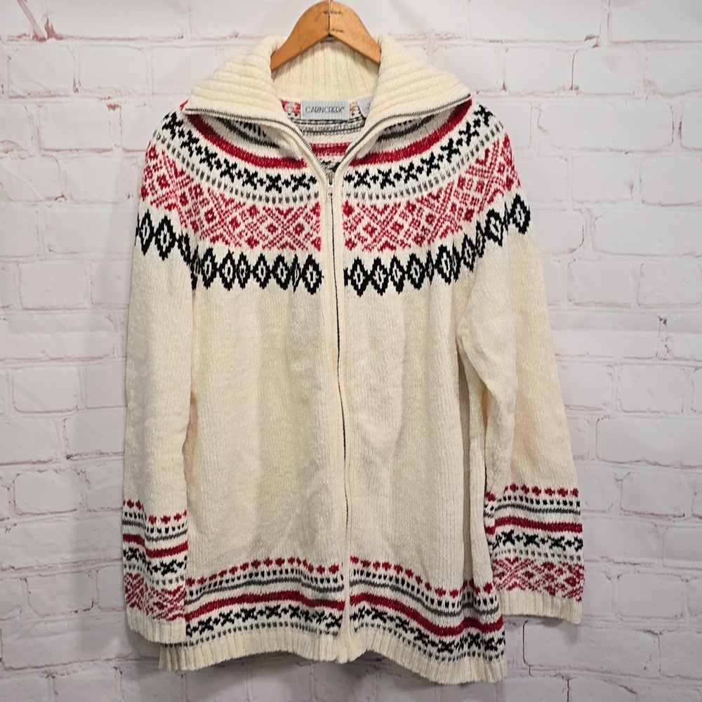 Cabin Creek Grandma Knit Acrylic Cream Full Zip Sweater Holiday‎ Womens Size 1x
